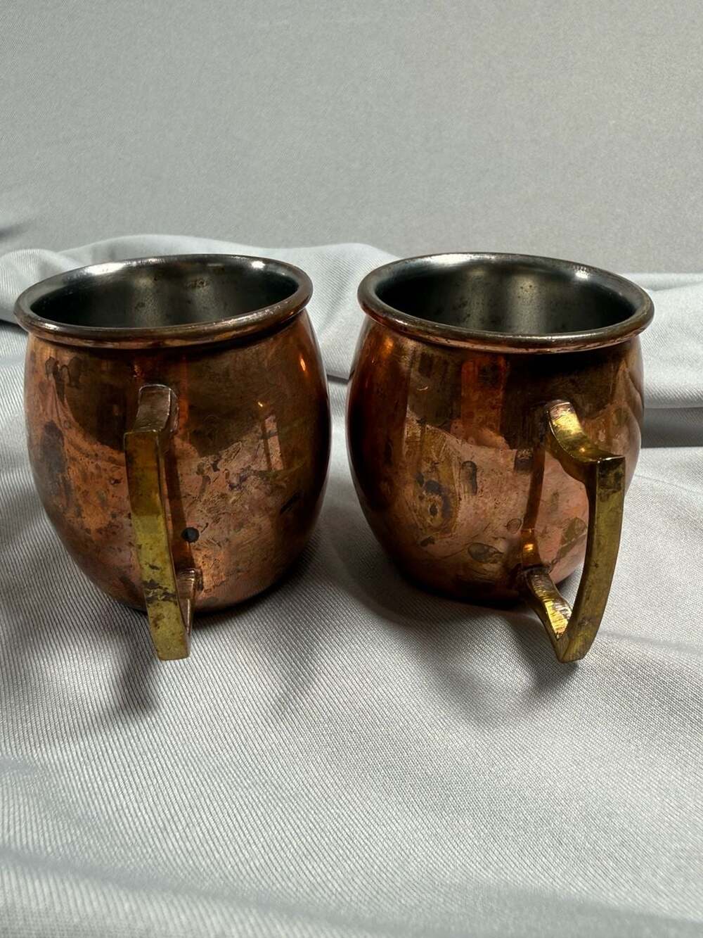 Vintage Mini Copper Mugs Set of 2 Brass Handles Silver Tone Lined 3” Cups